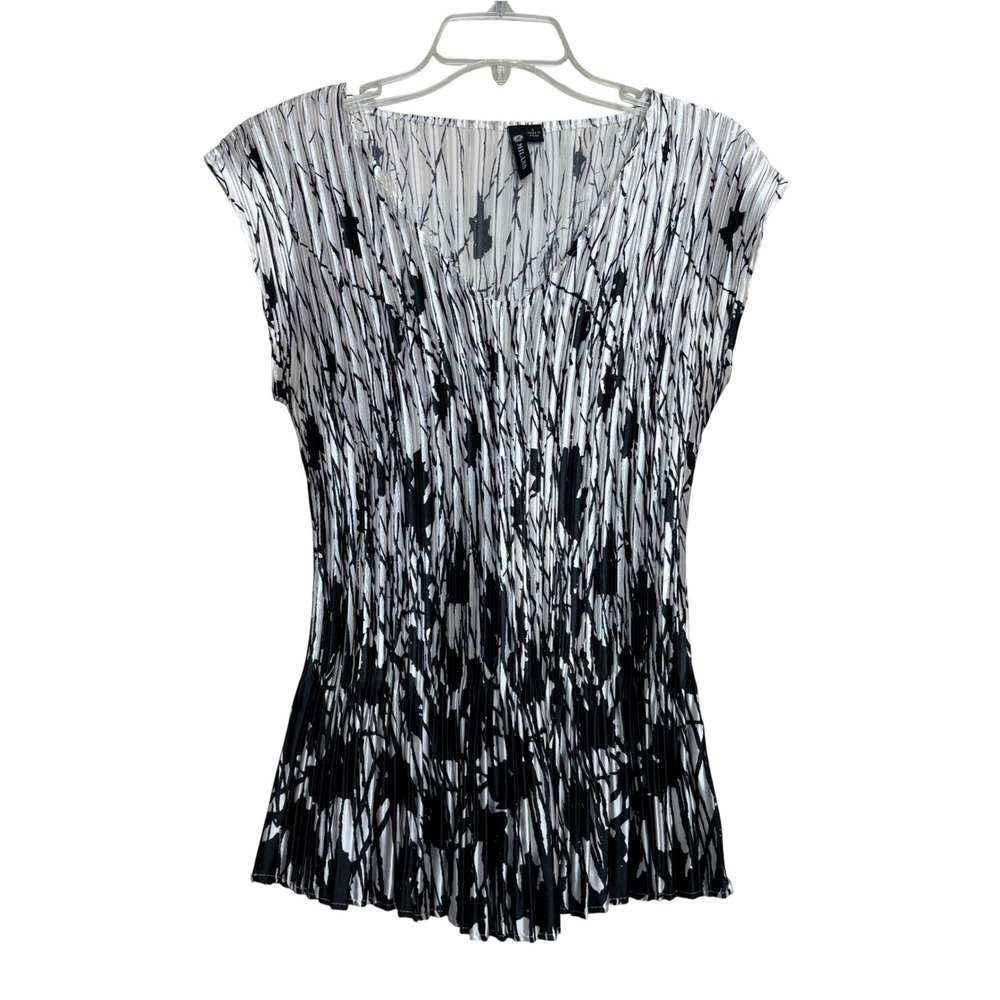 y2k Milano Womens‎ Black White Abstract Accordion Pleated V-Neck Blouse Top L